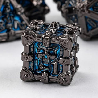 Metal Skull Dice Set with Skull Bag,7PCS Polyhedral Metal Dice Set for DND Role Playing Games(Black Nickel Blue) - color: Skull Black Nickel Blue