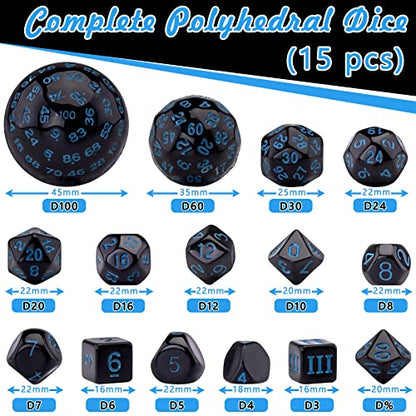 AUSTOR 15 Pieces Complete Polyhedral Dice Set D3-D100 Game Dice Set with a Leather Drawstring Storage Bag for Role Playing Table Games(Black & Blue) - color: Black & Blue