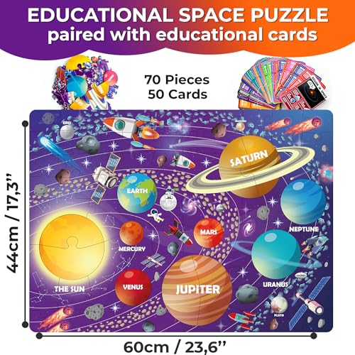 QUOKKA Solar System Puzzles for Kids Ages 4-6 - 70 Pcs Fun Kids Puzzles Ages 5-8 Preschool Floor Activities - Includes 50 Cards with 400+ Space Facts- Planet-Shaped Jigsaw Puzzle Gift for Girls Boys - color: 03. Space 70