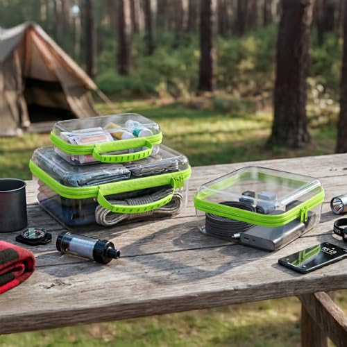 Clear Hard Shell Organizer Cases, 3 Pack with Handle | Durable PET shell with water-resistant, scratch-resistant surface for travel, toiletries, electronics and toys - color: Green