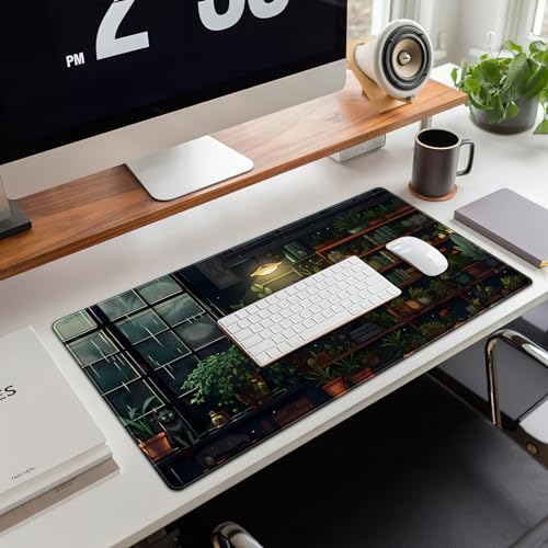 Lofi Cat Desk Mat Dark Green Plant Books Desk Pad Black Cat Aesthetic Anime Big Mouse Pad Large Gaming Mousepad XL Cool Keyboard Pad Deskmat Laptop Computer Mouse Mat 31.5X 15.7in - color: A Lofi Cat
