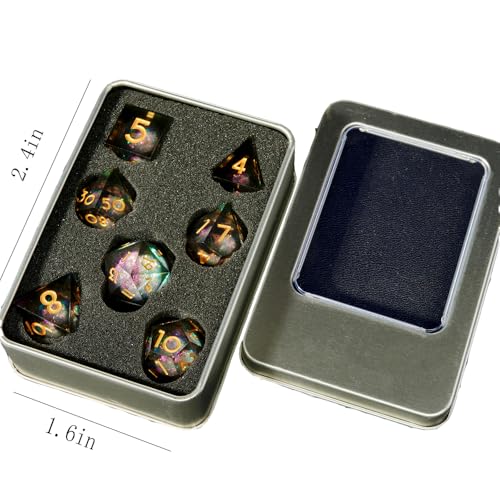 Polyhedral Dice Set 7-Piece, Sharp Edge Black and White Resin Iridecent Mylar Galaxy Dice for Dungeons Dragons D and D RPGs, MTG, Pathfinder and Board Games - color: Resin Black