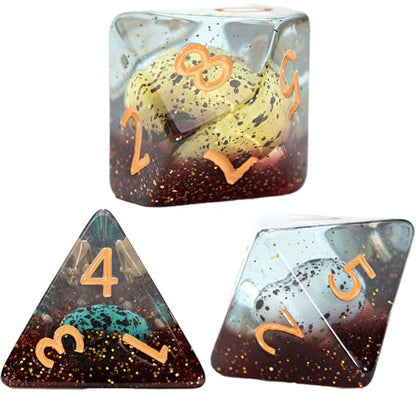Gate Keeper Games and Dice: Inclusion Dice: Dinosaur Eggs - 7pc RPG Set, Multi-Colored Dino Eggs & Brown Glitter in Clear Resin, Role Playing Games - style: Dinosaur Egg
