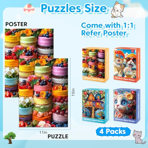 4-Pack 100 Piece Puzzles - Cakes Tree House Cats Puzzle for Kids Ages 4-8 8-10, 100 Piece Jigsaw Puzzle for Adults Seniors Children Learning Educational Puzzles Toys Birthday Xmas Gifts for Girls Boys - style: Cakes Tree House & Cats
