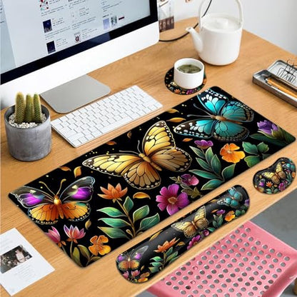 Large Gaming Mouse Pad+ Keyboard Wrist Rest Set, Ergonomics Memory Foam Mouse Mat Wrist Rest Support, Waterproof Extended Mousepad 31.5x11.8in, Colorful Butterflies and Flowers Desk Pad - color: Yvb-mousepad-9-f-170