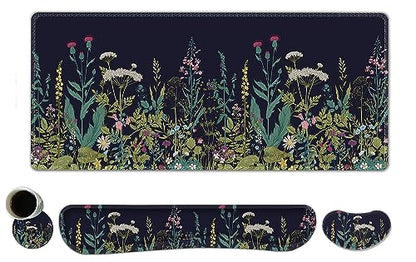 ToLuLu Extended Gaming Mouse Pad, Memory Foam Ergonomic Keyboard Mouse Wrist Rest Support Set, Large Desk Mat with Stitched Edges, Non-Slip Base Mousepad for Home Office Game, Weeds Plants - color: Weeds Plants