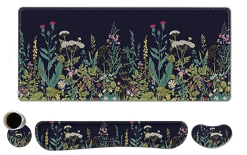 ToLuLu Extended Gaming Mouse Pad, Memory Foam Ergonomic Keyboard Mouse Wrist Rest Support Set, Large Desk Mat with Stitched Edges, Non-Slip Base Mousepad for Home Office Game, Weeds Plants - color: Weeds Plants