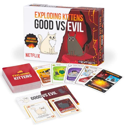 Exploding Kittens Good vs. Evil: 2-5, Age 7+, Party & Family Card Game | Battle with Godcat and Devilcat, use the playmat, and unleash good-versus-evil chaos in a fast, travel-ready card game. - style: Good vs. Evil
