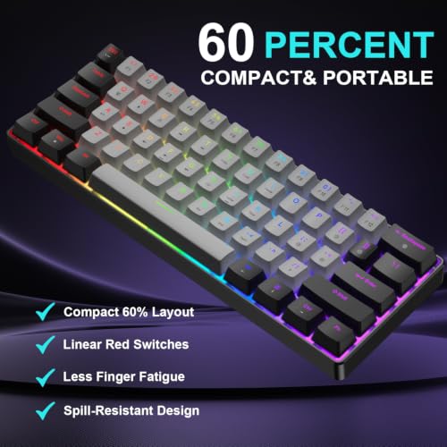 BlueFinger 60% Mechanical Gaming Keyboard and Mouse Combo - RGB Rainbow Backlit 61 Keys Red Switch Keyboard & 4 DPI LED Gaming Mouse, USB Wired Set for PC Laptop Xbox PS4 PS5, White (Black & Gray) - color: Black & Gray