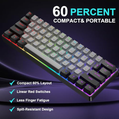 BlueFinger 60% Mechanical Gaming Keyboard and Mouse Combo - RGB Rainbow Backlit 61 Keys Red Switch Keyboard & 4 DPI LED Gaming Mouse, USB Wired Set for PC Laptop Xbox PS4 PS5, White (Black & Gray) - color: Black & Gray