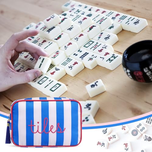 Sanwuta 1 Pcs Mahjong Tile Bag with Zipper,Dark Blue,Striped | Embroidered Mahjong Case for 166 American Mahjong Tiles (1.2") Portable Bags for Board Game Party Gathering Travel - color: Dark Blue, style: Classic