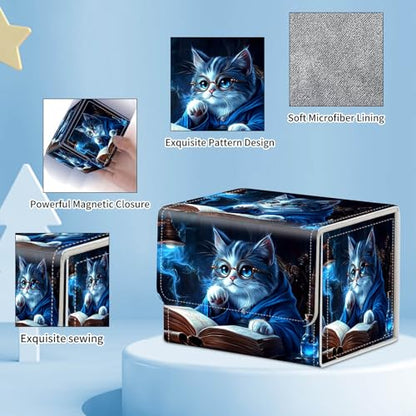 for MTG Commander Deck Box,Card Deck Box for Trading Yugioh MTG,Fits 100 Double Sleeved Cards,PU Leather Strong Magnet Case for Magic Commander TCG CCG,Blue Glitter Cat - color: Blue Glitter Cat