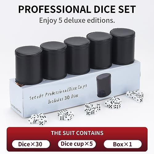 5 Pack PU Leather Dice Cup Set with 6 Dot Dices Felt Lined Quiet Shaker for Yahtzee Bar Party Family Dice Games,Red/Black - color: Red