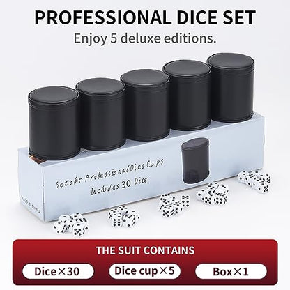 5 Pack PU Leather Dice Cup Set with 6 Dot Dices Felt Lined Quiet Shaker for Yahtzee Bar Party Family Dice Games,Red/Black - color: Red