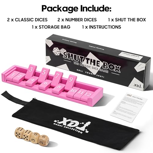 11'' Wooden Shut The Box Dice Game Travel Size Board Game 12 Numbers 2 Classic Dice & 2 Number Dice Storage Bag Instructions Math Learning Classroom Kids, Adults