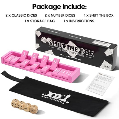 11'' Wooden Shut The Box Dice Game Travel Size Board Game 12 Numbers 2 Classic Dice & 2 Number Dice Storage Bag Instructions Math Learning Classroom Kids, Adults