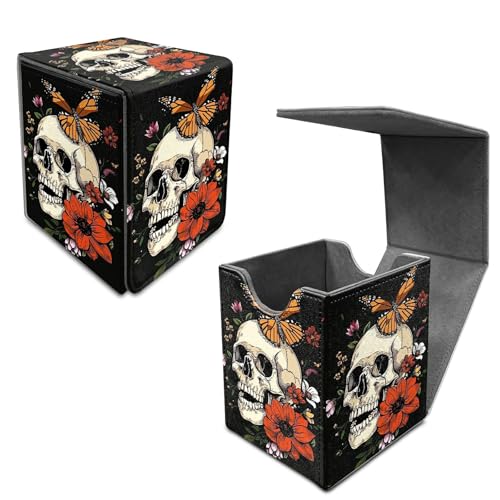 Peony Flower Skull Card Deck Box, MTG Commander Deck Box Card Deck Case for Trading Cards, 100+ Sleeved Cards with PU Leather Magnetic Card Storage Box for TCG CCG Magic Cards - color: Card Deck Box-590