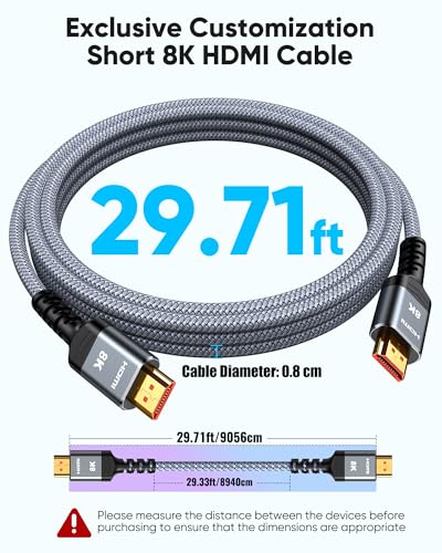 Highwings 8K HDMI Cable Long 2.1 30FT/9M, 48Gbps High Speed HDMI 4K120 144Hz Dynamic HDR 10 eARC HDCP 2.2&2.3 Compatible for PS5, Blu-ray Player and Monitor - size: 30 feet