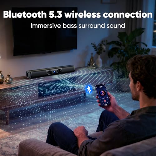 60W Sound Bar for Smart TV | 17 Inch, Deep Bass, Crystal Dialogue, Bluetooth 5.3/ARC/Optical/AUX Input, Wall Mountable,for Projector/PC/Gaming - size: 17 Inch