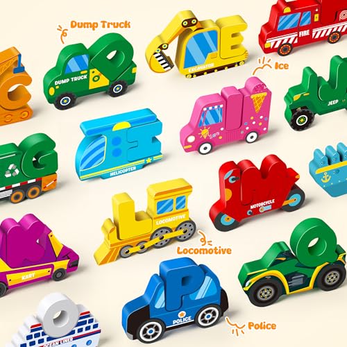 Wooden Vehicle Alphabet Puzzle for Toddlers, Traffic ABC Letter Sight Words Matching Game with 52 Blocks and Flash Cards, Spelling Game Toys, Kindergarten Preschool Learning Activities