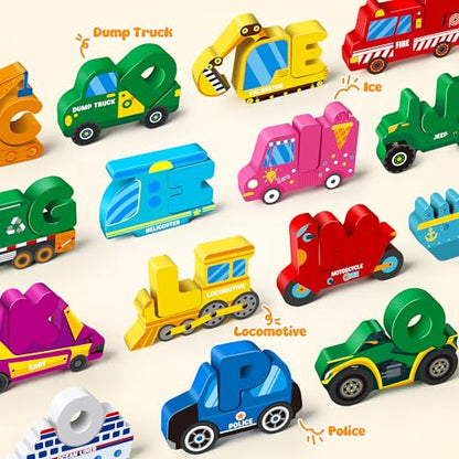 Wooden Vehicle Alphabet Puzzle for Toddlers, Traffic ABC Letter Sight Words Matching Game with 52 Blocks and Flash Cards, Spelling Game Toys, Kindergarten Preschool Learning Activities