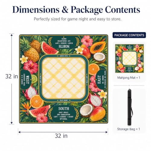 Tropical Fruit Mahjong Mat,Non Slip American Mah Jongg Table Mat | 32in soft neoprene mah jongg mat reduces tile noise protects tabletops & packs easily for game nights or a thoughtful gift - color: 012