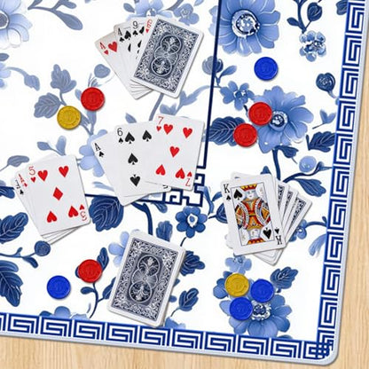 Mahjong Mat 31.5" x 31.5" – Blue Chinese Floral Design, Rubber Non-Slip Noise-Reducing Game Table Cover for Mahjong, Poker, Dominoes & Board Games (Blue)