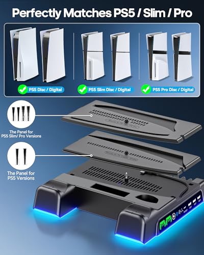 PS5/ Slim/Pro Stand for Disc & Digital Console, PS 5 Cooling Station with Dual Controller Charging Station for PlayStation 5 Console, 3-Level Fan PS5 Controller Charger Accessories Stand-Black - color: Black