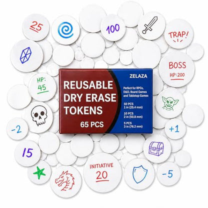 Dry Erase DND Tokens, 65 PCS RPG Set with 2 Erasers, 3 Sizes | Reusable Dry Erase RPG Tokens for DND Combat Tracking, Initiative, Conditions, Effects, MTG Counters, Tabletop Games and DIY