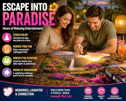 Hawaiian Waterfall Puzzles for Adults 1000 Pieces, Impossible Hard Difficult Challenging Puzzles for Adults, Colorful Tropical Flowers and Peaceful Waterfall Sunset - Jigsaw Puzzle 1000 Piece 20x27 - color: Hawaii Waterfall
