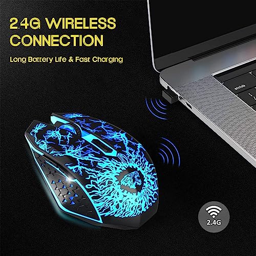 VEGCOO Wireless Gaming Mouse, Rechargeable Gaming Mouse, Silent Optical Mice with 2.4G USB Receiver, 3 Level DPI, 6 Buttons, 7 Colors LED Lights for PC/Mac Gamer, Laptop and Desktop - color: black