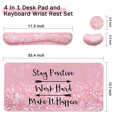 Large Mouse Pad and Keyboard Wrist Rest, Desk Pad for Keyboard and Mouse, 4-in-1 Large Gaming Mouse Pad with Wrist Support, Desk Mat for Home Office Study Game-Pink Stay Positive - color: Pink Stay Positive