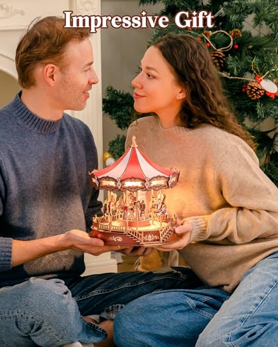 Rolife Wooden 3D Puzzles for Adults, DIY Carousel Music Box with Chaser Lights 11.6" Model Building Kit, Construction Project Craft Kits for Adults Hobby Home Decor Chiristmas Gifts for Boys Girls