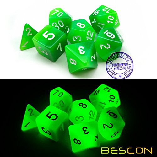 Bescon Gradient Glowing Polyhedral Dice 7pcs Set Forest Light, Gradual Luminous RPG Dice Set Glow in Dark, Novelty DND Game Dice d4 d6 d8 d10 d12 d20 d% in Brick Box - color: Forest Light