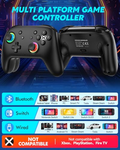 Switch Controller, Wireless Bluetooth Controller for Nintendo Switch 2/Switch/Lite/OLED, game controllers Compatible with iPhone/Mac/iPad/iOS/Android/Phone/PC/Steam and TV with Rotary Motors, RGB Hall Effect Joysticks/Macro Back Buttons/Turbo Modes/6-Axis