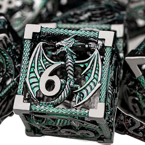 ARUOHHA Hollow DND Metal Dice Set Black Green Dragons D and D Dice, RPG Role Playing Games Dungeons Polyhedral Dice with Gift Box D20 D12 D10 D8 D6 D4 - color: Black Green