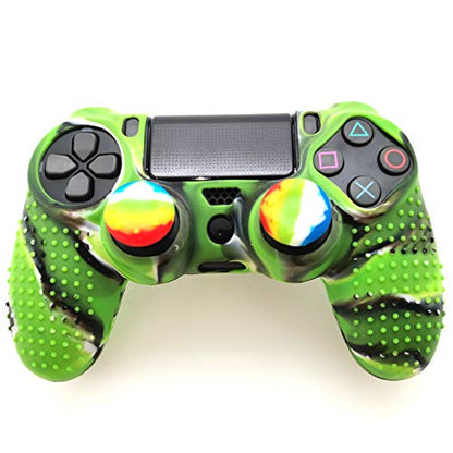 Silicone Skin Cover for Ps4 Controller (1pc Anti-Slip Case, 1 Pair L2 R2 Trigger Extender, 4pcs Thumb Grips,4pcs LED Light Bar Decal) Protector for DualShock PS4/ Slim/Pro Controller (Green granular) - color: Green granular