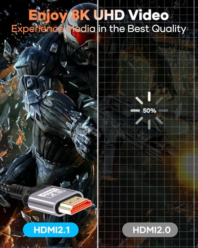 8K 10K 4K HDMI Cable 3.3ft, HDMI 2.1 Cable 48Gbps, Ultra High Speed HDMI Braided Cord, 4K@120Hz 10K 8K@60Hz, HDCP 2.2&2.3, eARC HDR 10 Dolby Compatible with PS5/Blu-ray/Roku TV/Switch 2 - size: 3.3 ft