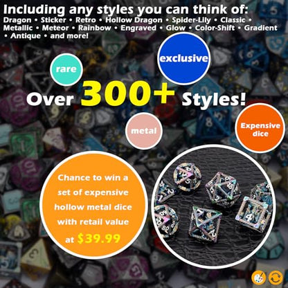 Haxtec Mystery Metal DND Dice Set 7pcs Polyhedral Dice + 3 Funny Waterproof Stickers, Metal Dice for Dungeons & Dragons, Chance to Win Hollow Metal Dice, Great DND Gift, No Duplicates in 2/5 Packs - style: Metallic