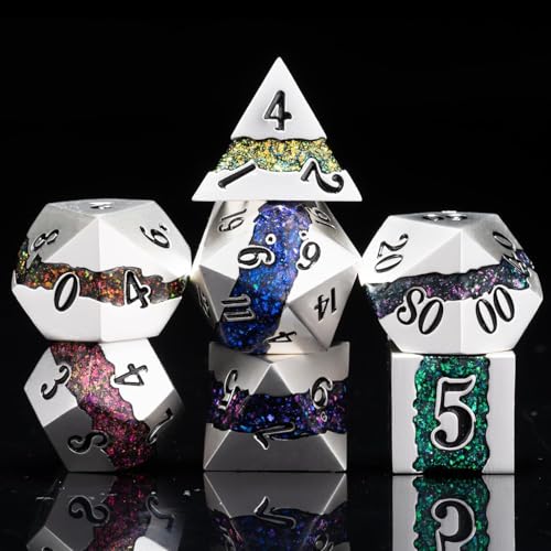 Polyhedral Metal Dice Set,7pcs Set Glitter Stripe DND Dice with Gift Box for RPG - color: Pearl Silver Seven Colors