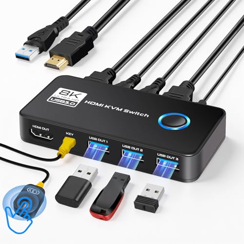 USB 3.0 8K@60Hz KVM Switch 1 Monitor 2 Computers - 4K@120Hz HDMI 2.1 KVM Switches with 3 Ports for Sharing Monitor Keyboard Mouse Hard Drives and Printer Includes 2 HDMI & USB Cables and Controller