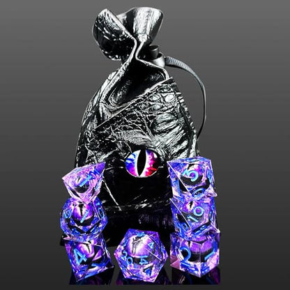 HAOMEJA Resin Dragon Eye DND Dice Set D&D 7 Pcs Resin Sharp Edge Role Playing Dice with Bag, Polyhedral Dungeons and Dragons Dice D20 D12 D10 D100 D8 D6 D4 (Purple & Eye Purple) - color: 7 Eye Purple & Purple