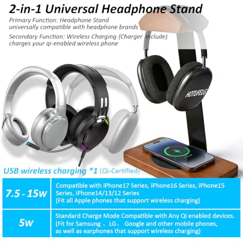 Solid Wooden Headphone Holder with Qi Wireless Charging Pad, Gift Choice | Heavy Duty Wood Universal Headset Stand Compatible with Airpods Max,Bose,Razer,AKG,Equipment Accessories for Walnut Desk - color: Black