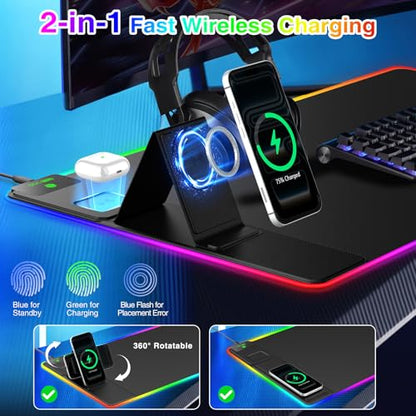 XXL RGB LED Gaming Mouse Pad with Magnetic Wireless Charger & Foldable Phone Holder, 31.5"x15.8" Extended Ultra-Smooth Desk Mat, 25 Lighting Effects, Non-Slip Base, Includes 20W PD Adapter - color: RGB-Magnetic Stand-31.5"x15.8"-Adapter