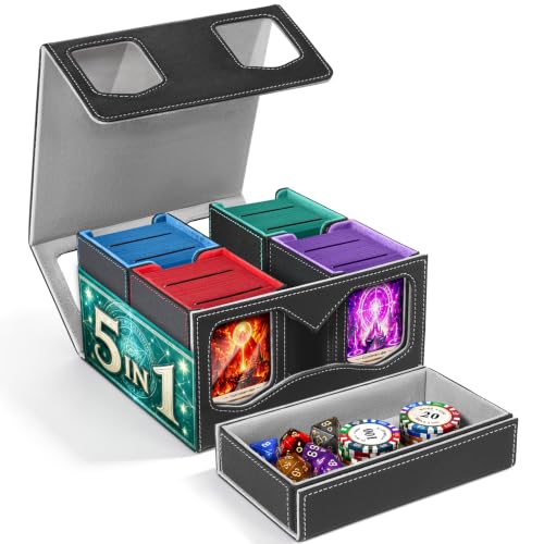 Fabmaker 4 Deck Box Compatible with MTG, Large Capacity Trading Card Storage Box for Comman-der, 5-in-1 Leather Magnetic Closure Card Box with Token Tray, Card Box Compatible with Magic the Gathering
