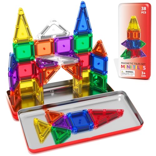 ORZbb Travel Mini Magnetic Tiles with Case Toddler Road Trip Essentials Set, Magnetic Blocks Building Toys for 3+ Year Old Boys Girls Preschool Montessori Sensory Learning Birthday Gifts - color: Color-16