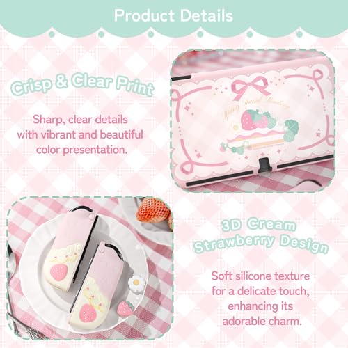 GeekShare Strawberries with Cream Case Compatible with Switch OLED, Soft Silicone Slim Protective Cover with Separable Shell and 2 Thumb Grips (Pink) - color: Pink Strawberries, size: For Switch OLED