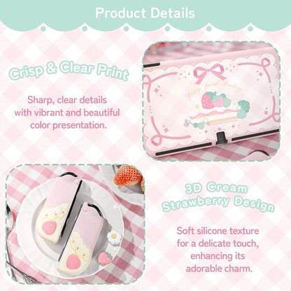 GeekShare Strawberries with Cream Case Compatible with Switch OLED, Soft Silicone Slim Protective Cover with Separable Shell and 2 Thumb Grips (Pink) - color: Pink Strawberries, size: For Switch OLED