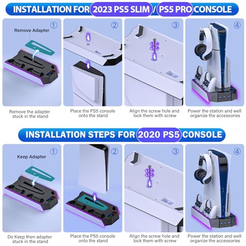 PS5/PS5 Slim Cooling Station with Controller Charging Station for PlayStation 5 Console Disc/Digital, PS 5 Cooling Stand Accessories with LED Light/Charger/Cooler Fan/3 USB Hubs/Headset Holder/Screw