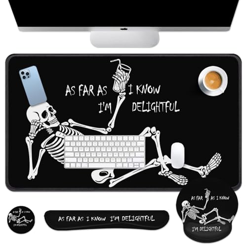 Britimes Black Skull Skeleton Keyboard Mouse Pad Set 4in1 Large Mousepad+Keyboard Wrist Rest+Mouse Wrist Rest+Coaster Set with Ergonomic Design for Home Office Computer 35.4x15.7 inches - color: Black Skull Skeleton